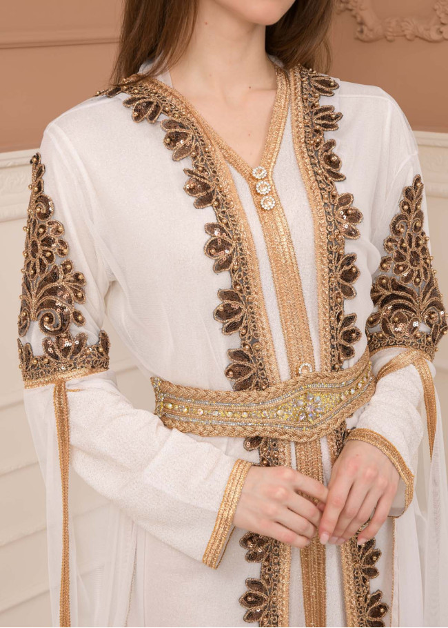 Kuşaklı Dantelli Simli kaftan Abiye Elbise 4108 - Beyaz