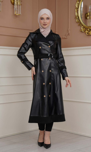 1334 ترانشكوت نسائي جلد مع حزام - اسود