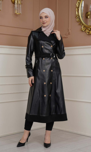 1334 ترانشكوت نسائي جلد مع حزام - اسود