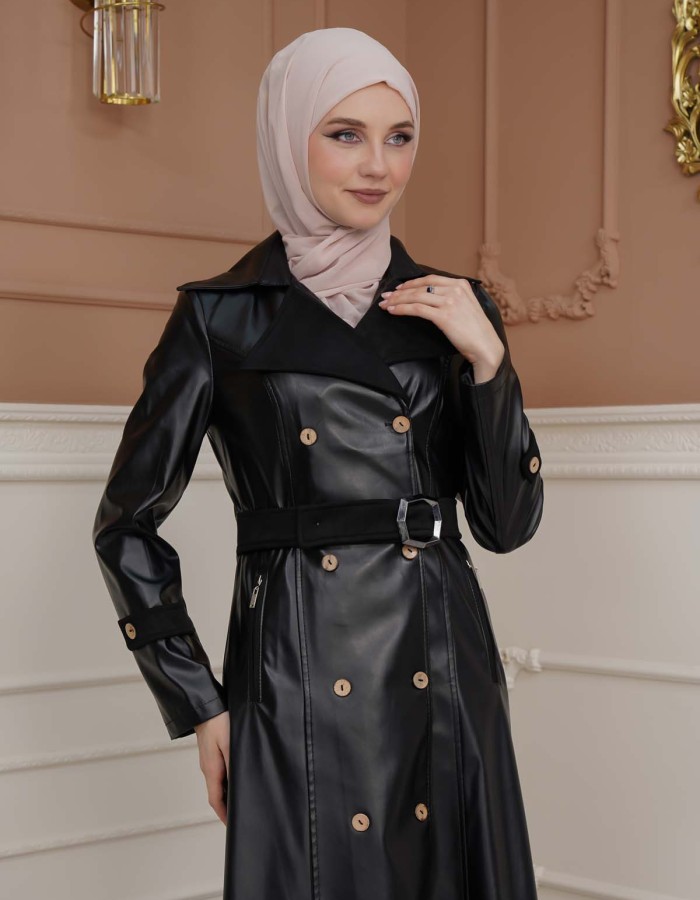1334 ترانشكوت نسائي جلد مع حزام Siyah