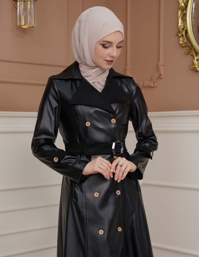 1334 ترانشكوت نسائي جلد مع حزام Siyah