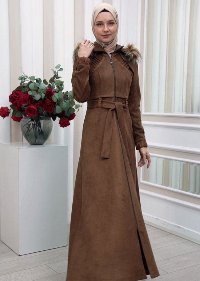 FUR HOODED BELT HIJAB SUET TOPCOAT 1340 Kahverengi