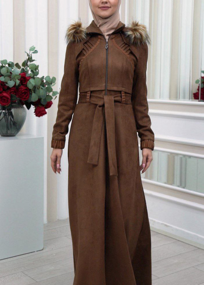 FUR HOODED BELT HIJAB SUET TOPCOAT 1340 Kahverengi