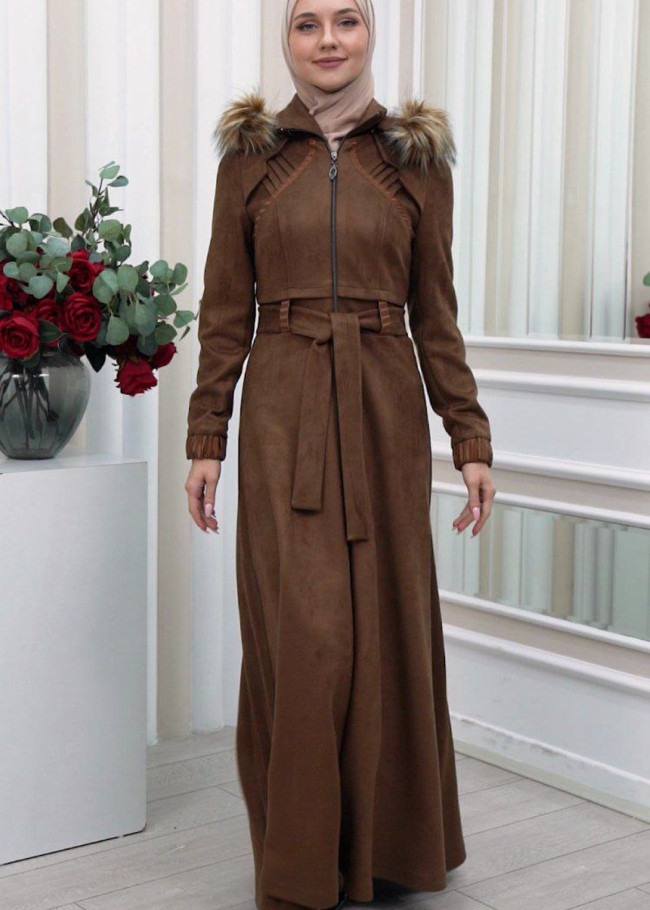 FUR HOODED BELT HIJAB SUET TOPCOAT 1340 Kahverengi