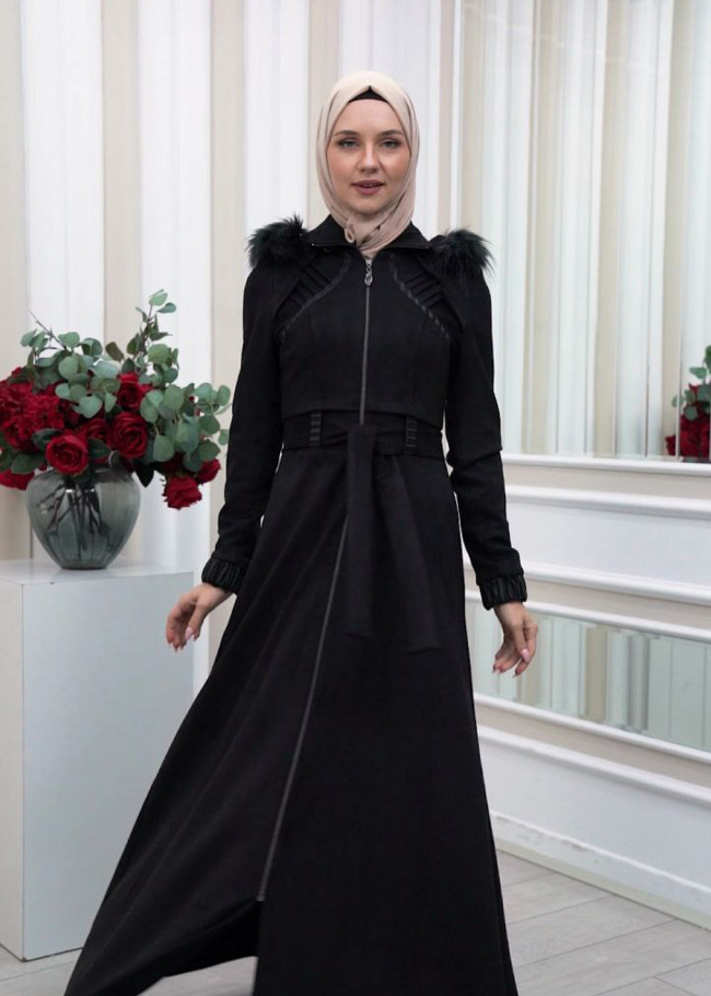 FUR HOODED BELT HIJAB SUET TOPCOAT 1340 Siyah