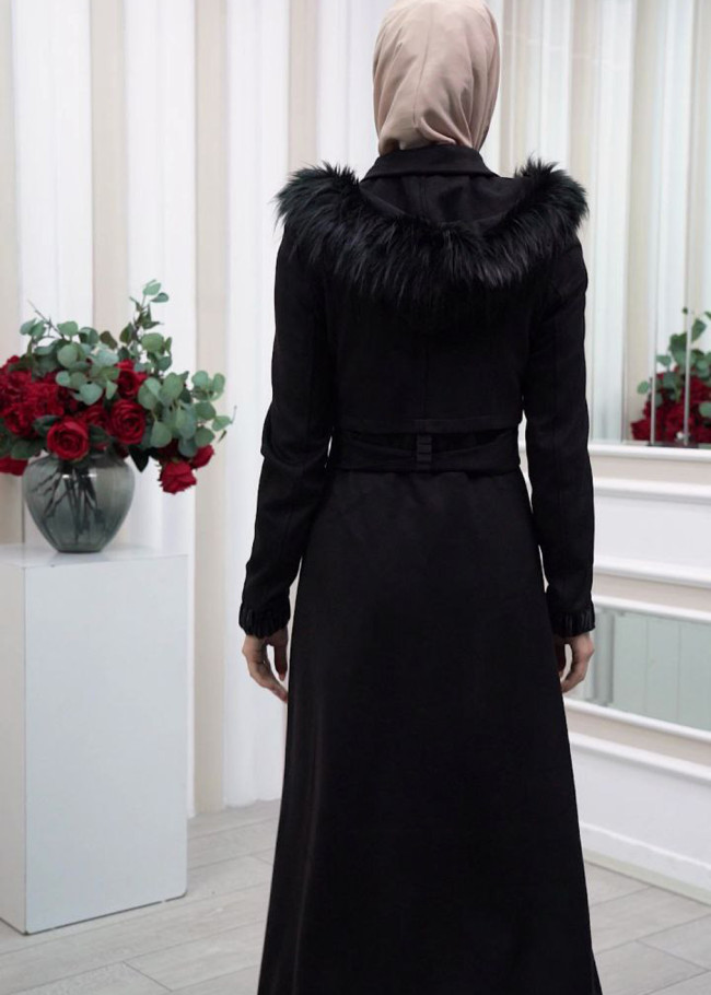 FUR HOODED BELT HIJAB SUET TOPCOAT 1340 Siyah
