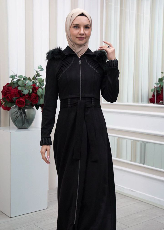FUR HOODED BELT HIJAB SUET TOPCOAT 1340 Siyah