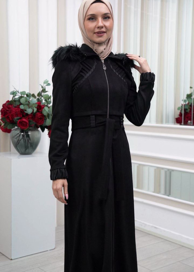 FUR HOODED BELT HIJAB SUET TOPCOAT 1340 Siyah