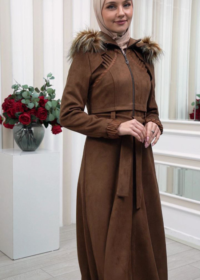 FUR HOODED BELT HIJAB SUET TOPCOAT 1340 Kahverengi