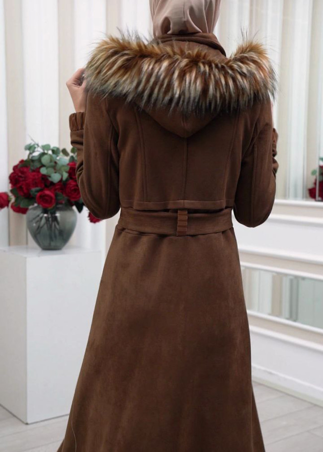 FUR HOODED BELT HIJAB SUET TOPCOAT 1340 Kahverengi