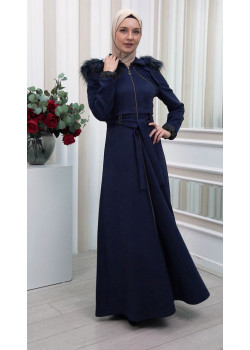 مانطو نسائي شاموا  شتوي مع كبيشون فرو قابلة للإزالة  1340 - كحلي