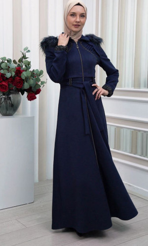 مانطو نسائي شاموا  شتوي مع كبيشون فرو قابلة للإزالة  1340 - كحلي