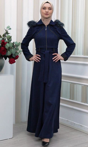 مانطو نسائي شاموا  شتوي مع كبيشون فرو قابلة للإزالة  1340 - كحلي