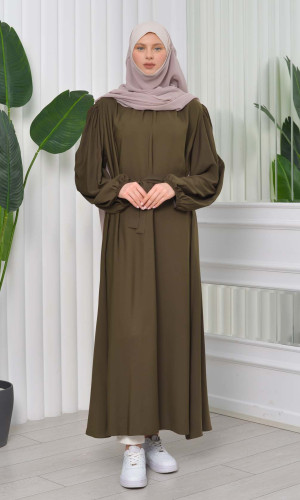 فستان محجبات طويل مع حزام 827 - زيتي