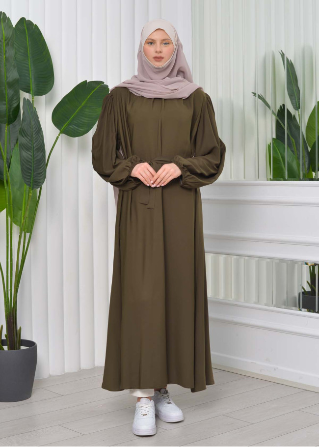 kuşaklı Düz Elbise 827 Haki