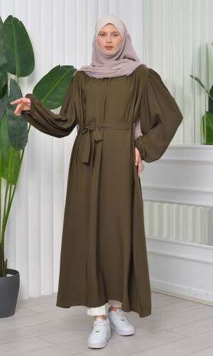 فستان محجبات طويل مع حزام 827 - زيتي