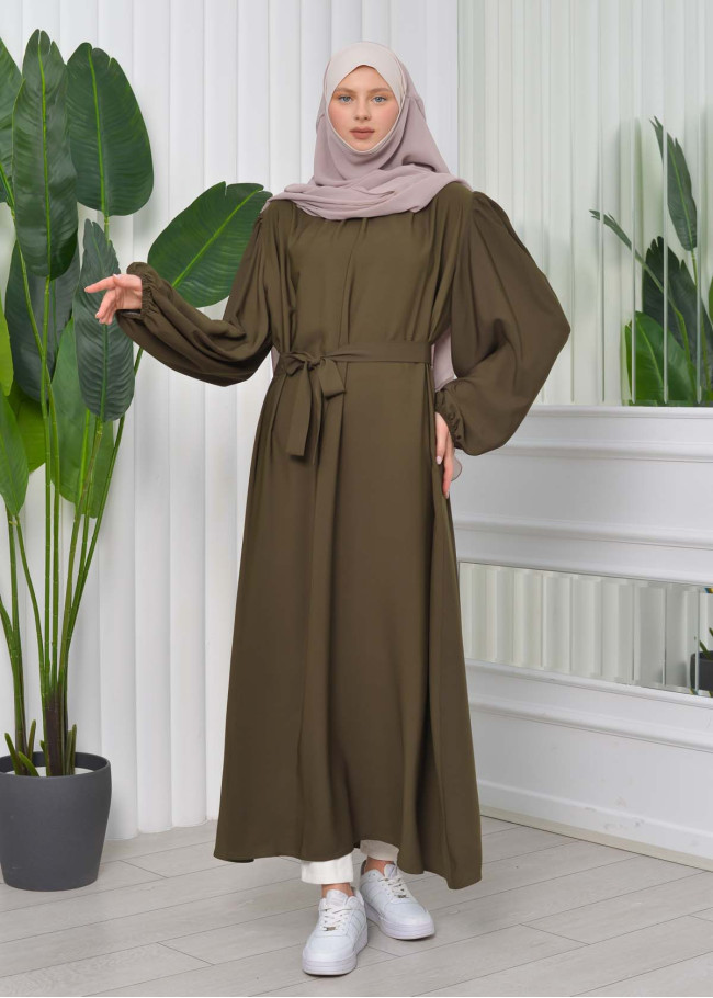 kuşaklı Düz Elbise 827 Haki