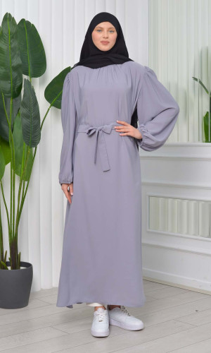 فستان محجبات طويل مع حزام 827 - فضي