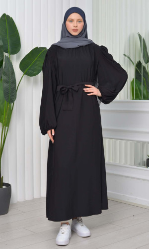 فستان محجبات طويل مع حزام 827 - اسود