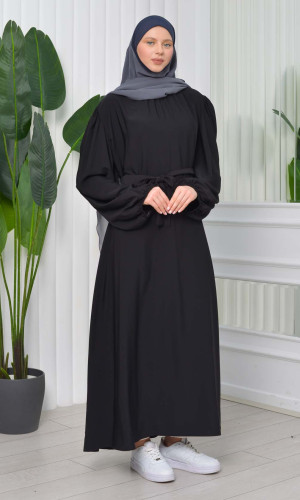 فستان محجبات طويل مع حزام 827 - اسود