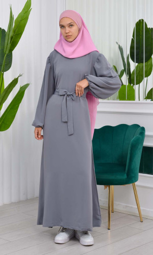 فستان محجبات طويل مع حزام 827 - رمادي غامق