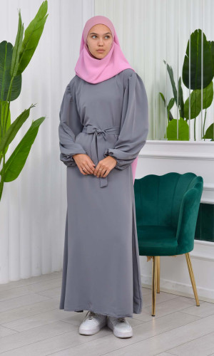 فستان محجبات طويل مع حزام 827 - رمادي غامق