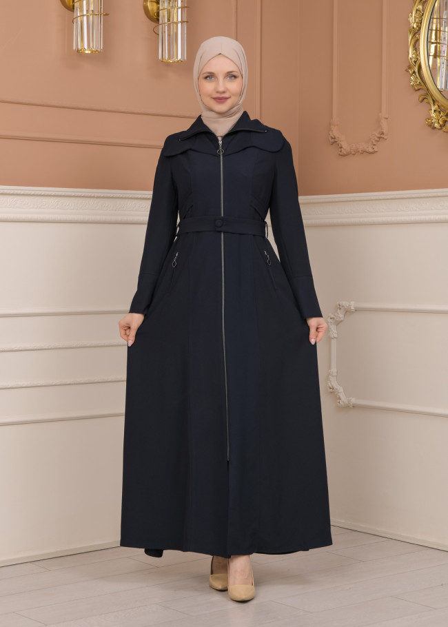 Belted Zippered Clarita Hooded Topcoat 1224 - deep blue