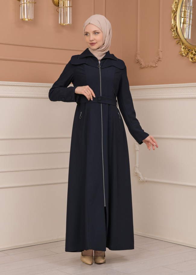 Belted Zippered Clarita Hooded Topcoat 1224 - deep blue