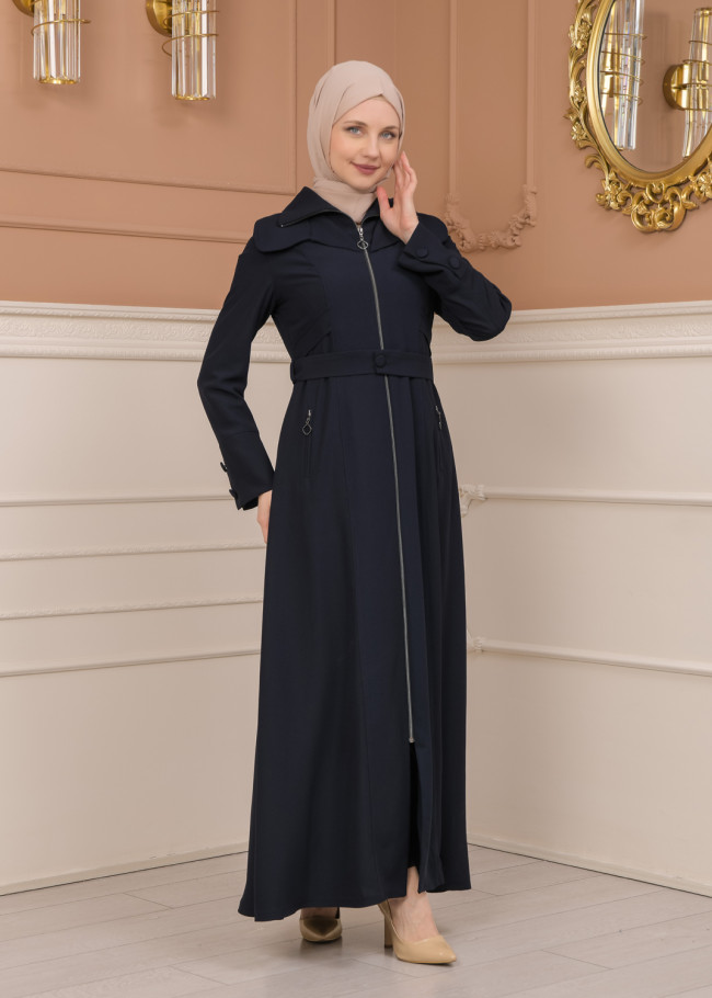 Belted Zippered Clarita Hooded Topcoat 1224 - deep blue