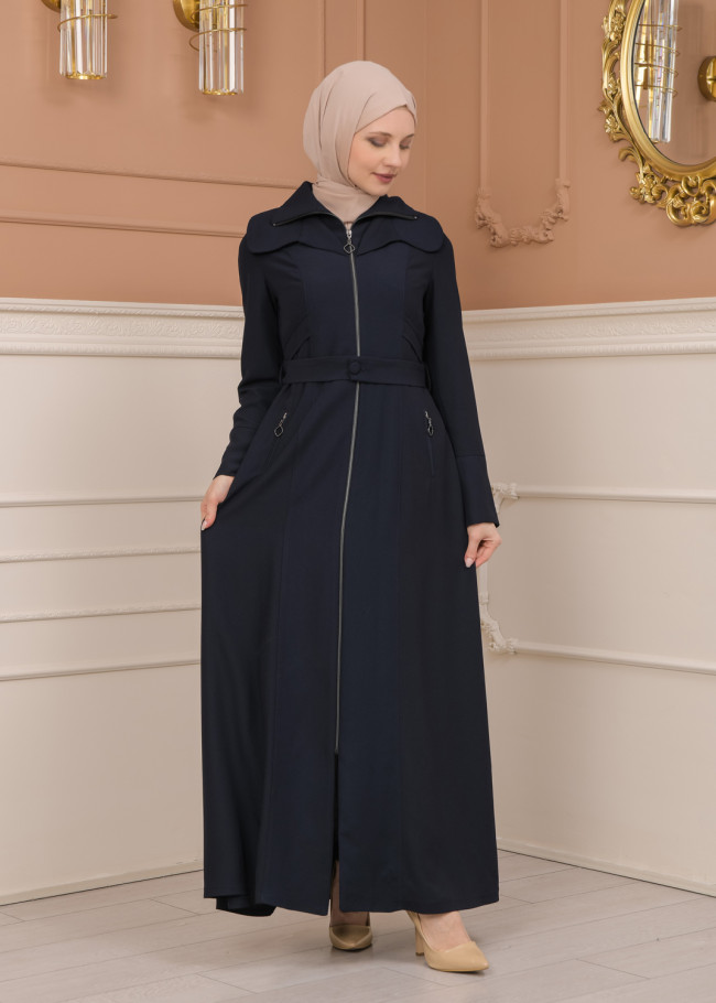 Belted Zippered Clarita Hooded Topcoat 1224 - deep blue