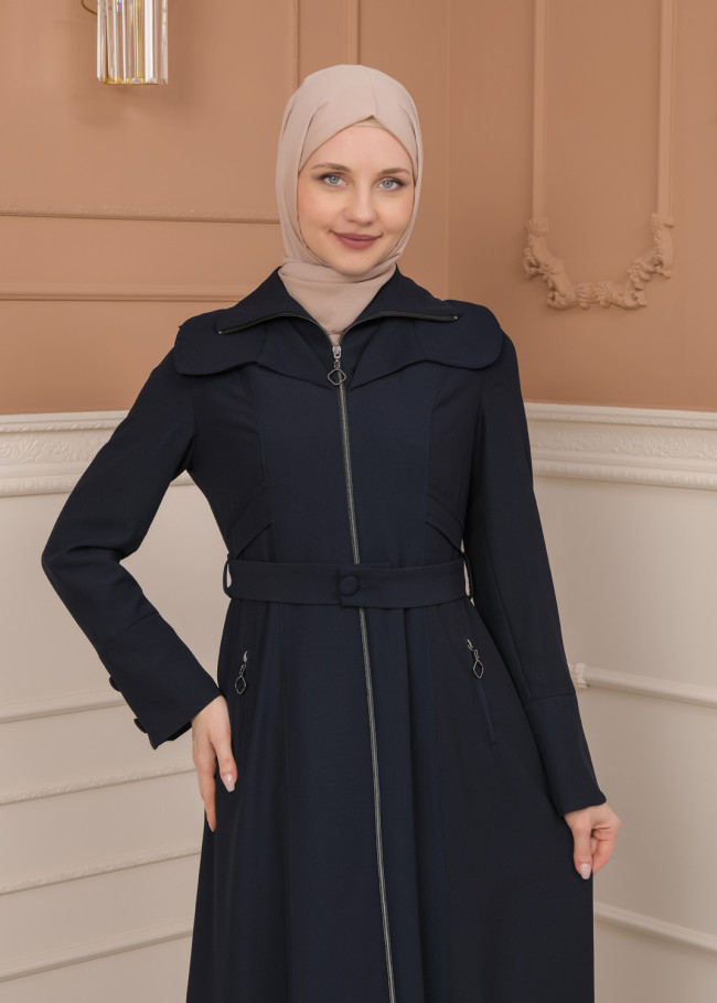 Belted Zippered Clarita Hooded Topcoat 1224 - deep blue
