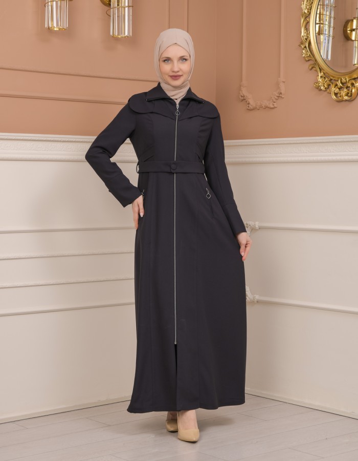 Belted Zippered Clarita Hooded Topcoat 1224 - Antrasıt