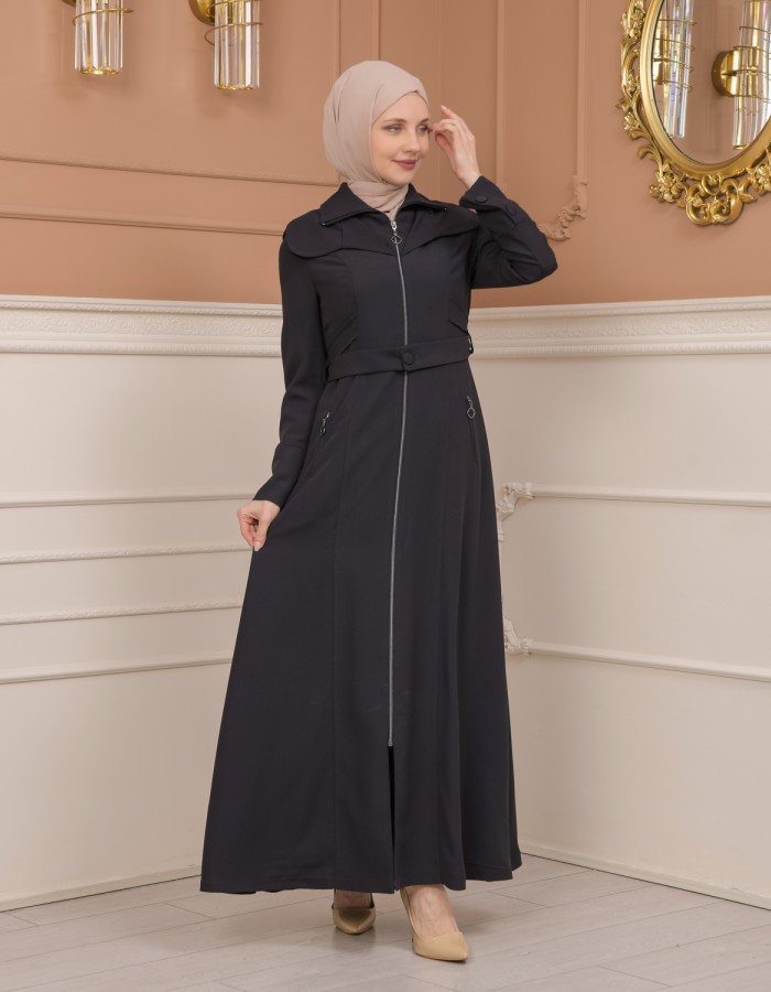 Belted Zippered Clarita Hooded Topcoat 1224 - Antrasıt