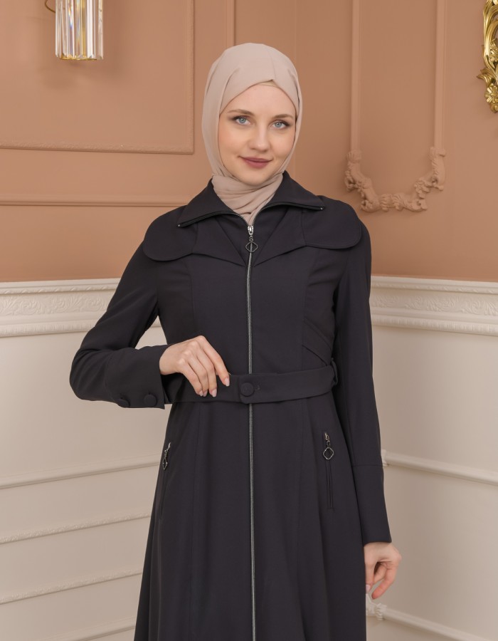 Belted Zippered Clarita Hooded Topcoat 1224 - Antrasıt
