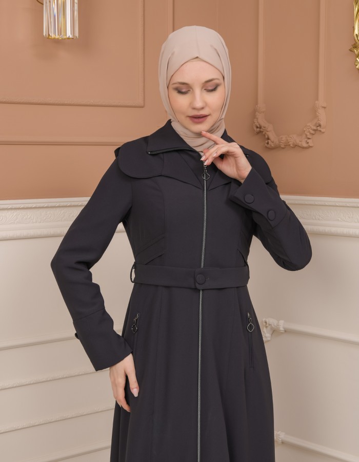 Belted Zippered Clarita Hooded Topcoat 1224 - Antrasıt