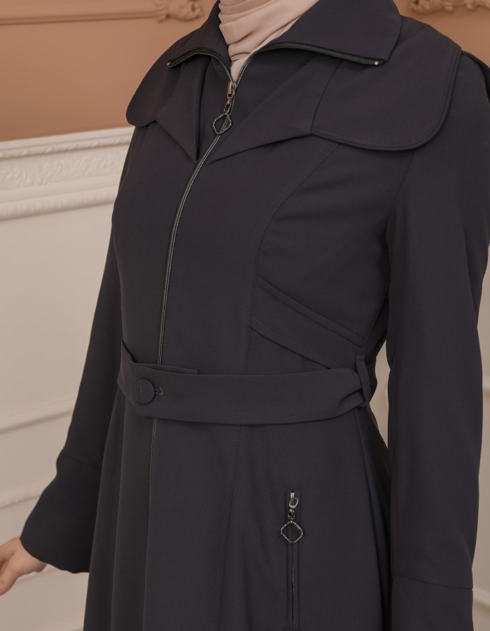 Belted Zippered Clarita Hooded Topcoat 1224 - Antrasıt