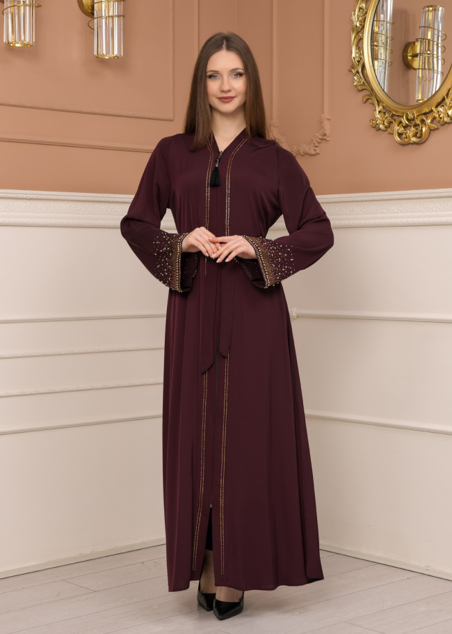 Diamond-Studded Modest Abaya 679 Bordo