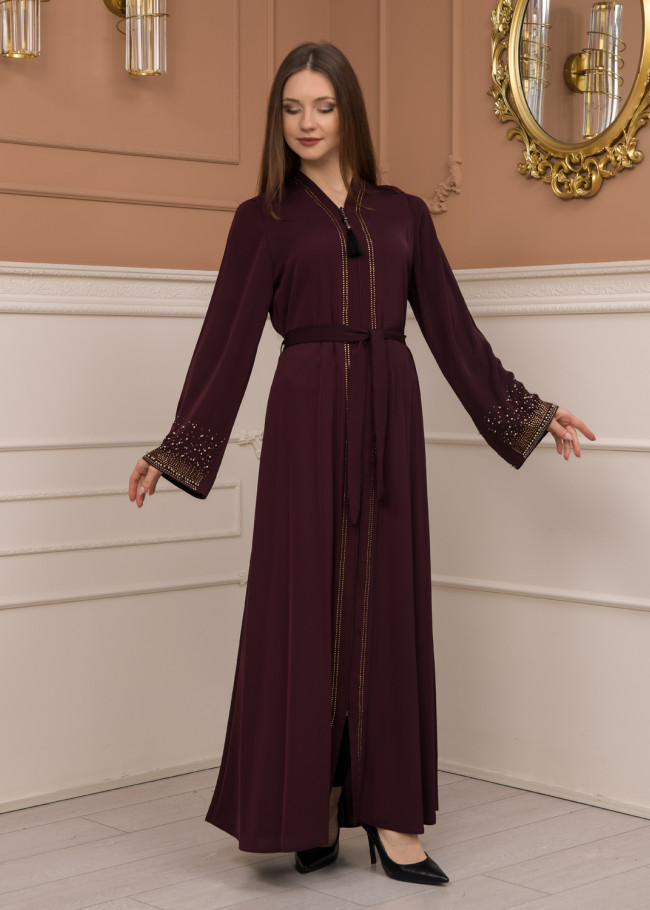 Diamond-Studded Modest Abaya 679 Bordo
