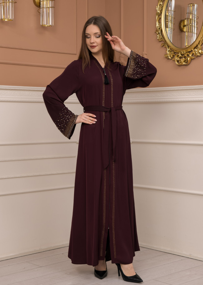 Diamond-Studded Modest Abaya 679 Bordo