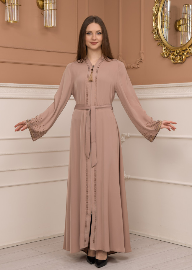 Diamond-Studded Modest Abaya 679 Bej