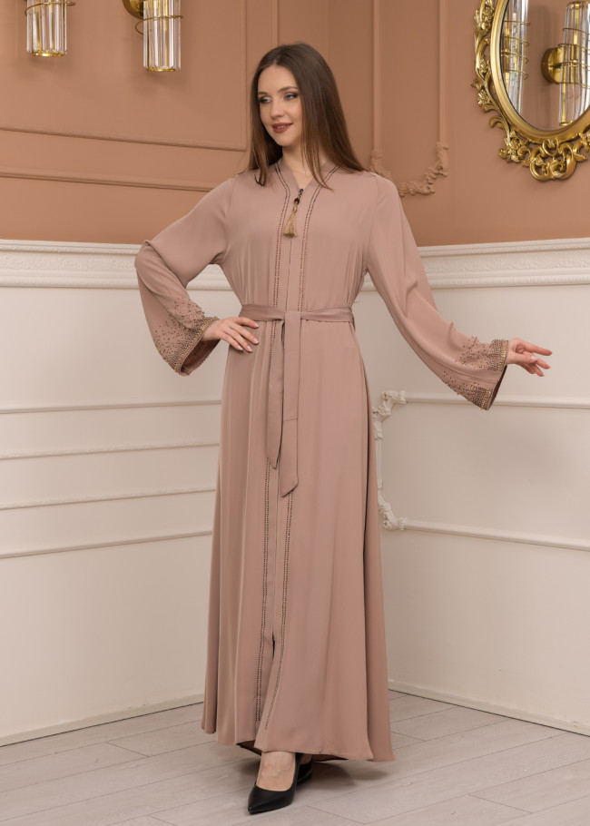 Diamond-Studded Modest Abaya 679 Bej