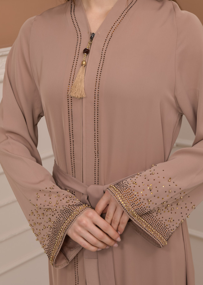 Diamond-Studded Modest Abaya 679 Bej