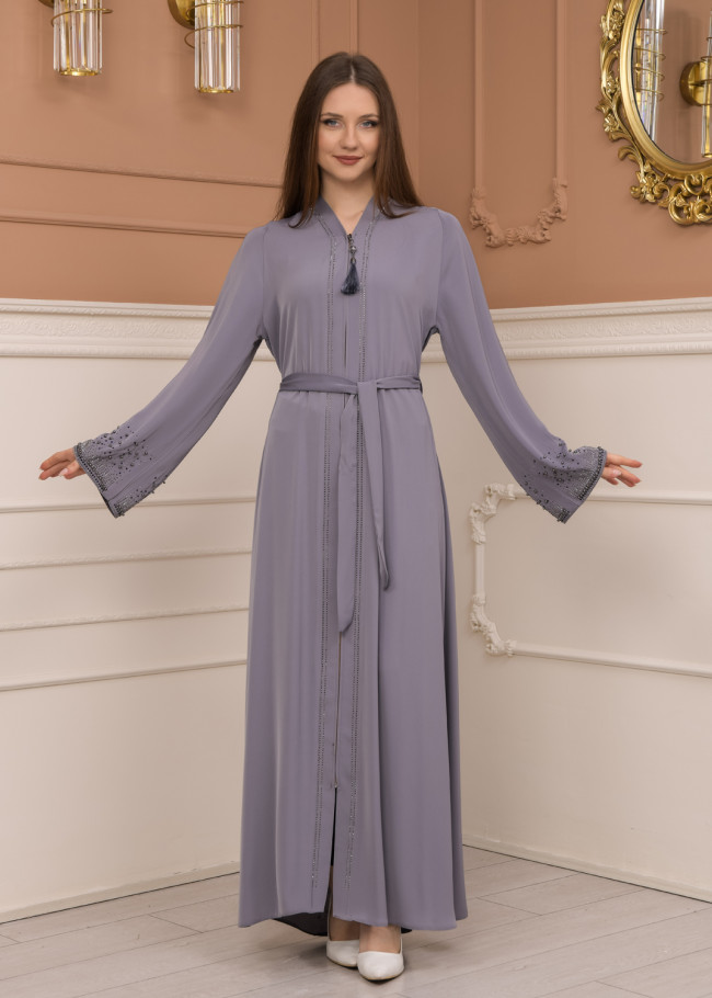 KUŞAKLI FERMUARLI ELMAS TAŞLI ABAYA FERACE -679 Gri