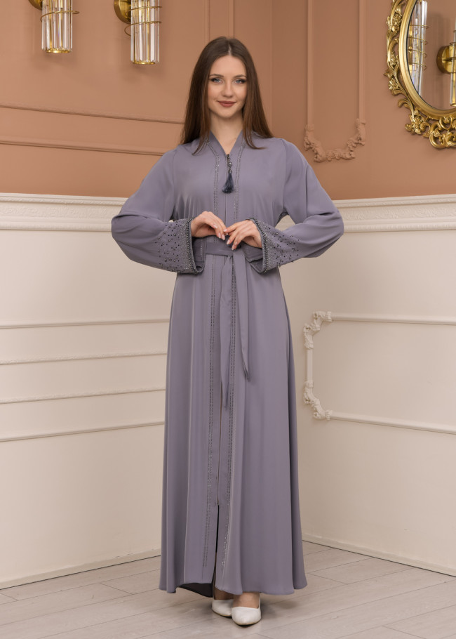 KUŞAKLI FERMUARLI ELMAS TAŞLI ABAYA FERACE -679 Gri