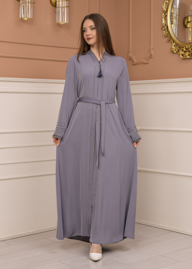 KUŞAKLI FERMUARLI ELMAS TAŞLI ABAYA FERACE -679 Gri