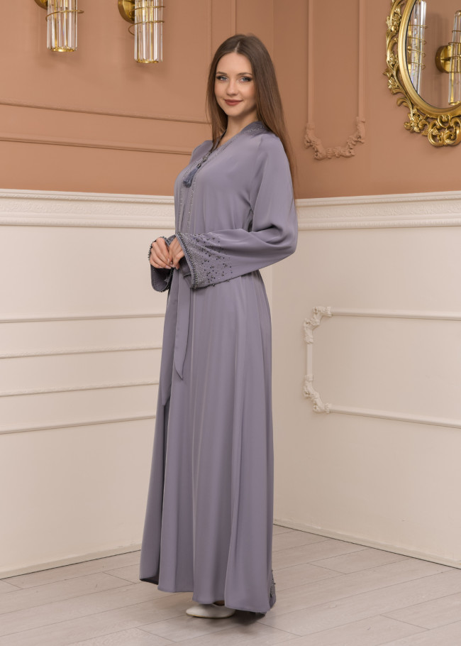 KUŞAKLI FERMUARLI ELMAS TAŞLI ABAYA FERACE -679 Gri