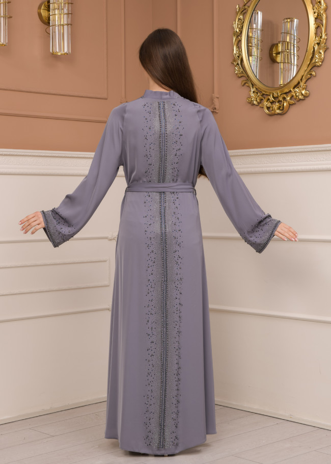 KUŞAKLI FERMUARLI ELMAS TAŞLI ABAYA FERACE -679 Gri