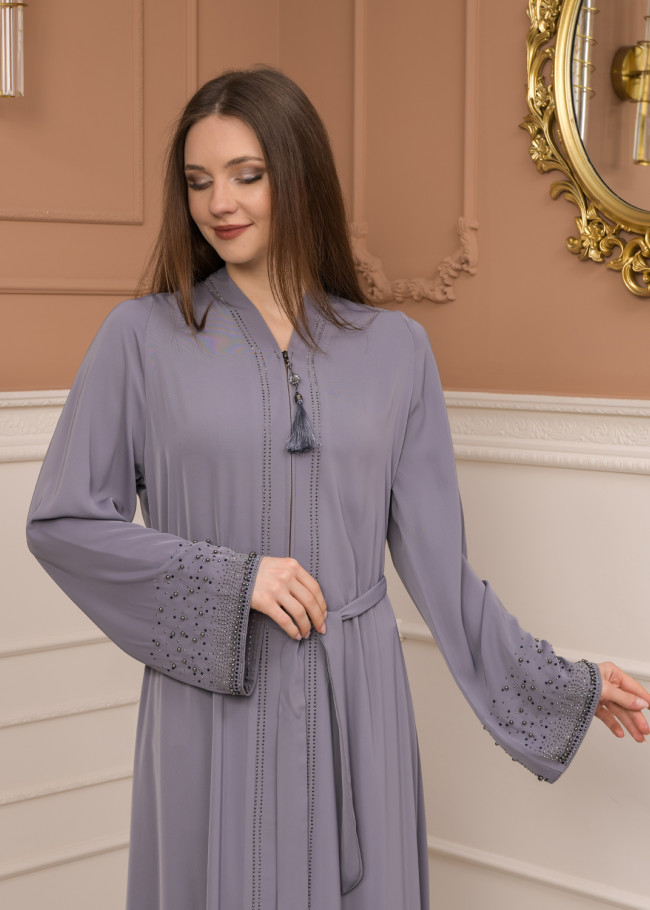 KUŞAKLI FERMUARLI ELMAS TAŞLI ABAYA FERACE -679 Gri