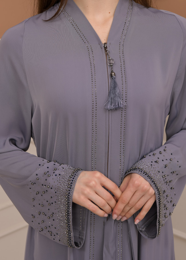 KUŞAKLI FERMUARLI ELMAS TAŞLI ABAYA FERACE -679 Gri
