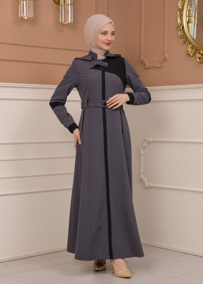 Belted Zippered Parachute Hooded Topcoat 1227 - Antrasıt